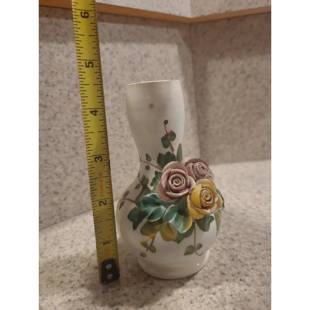Bud Vase 3D Rose applique Flowers ITALY hand painted Fine Porcelain Antique Rare